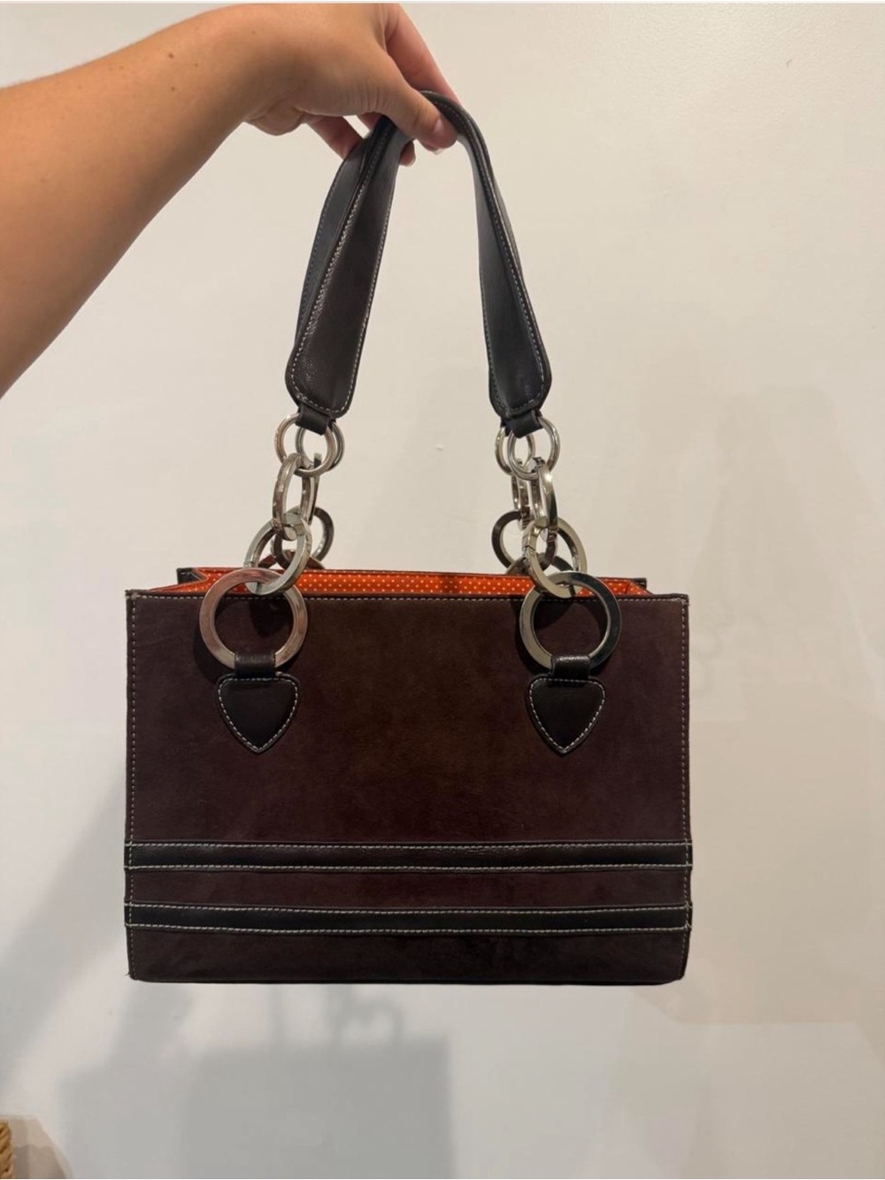 Nicole Lee Brown Suede Shoulder Bag with Orange Lining